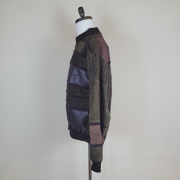 Vintage Saxony Sweater Mens Large Green Burgundy Patchwork Leather Suede 90s - Picture 5 of 11